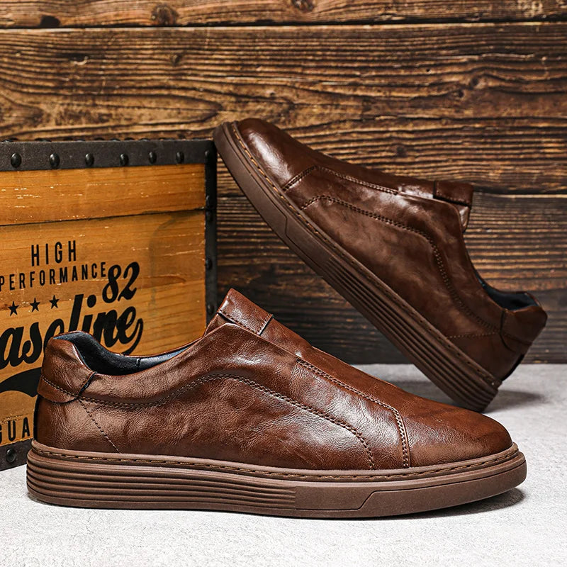 Alvio Genuine Leather Shoes in brown, featuring slip-on design and cushioned footbed for everyday comfort and style.