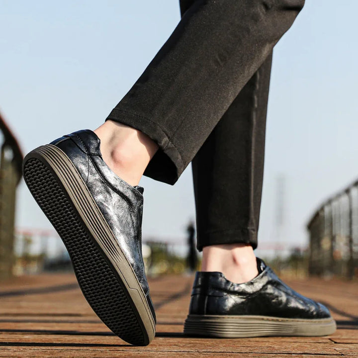 Alvio genuine leather slip-on shoes featuring a smooth exterior and a supportive cushioned footbed, ideal for daily wear.