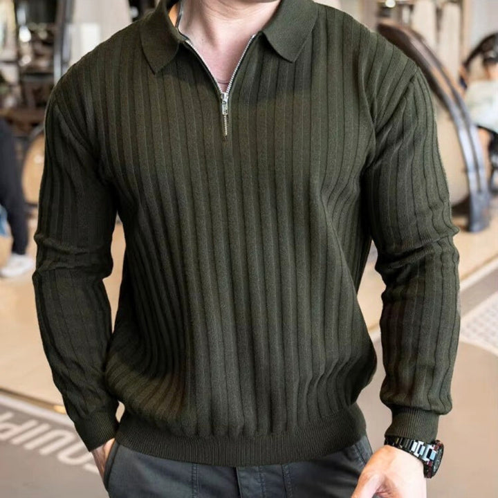 Jay Flex-Fit Shirt in olive green, featuring ribbed texture, quarter-zip, and structured collar for an athletic look.