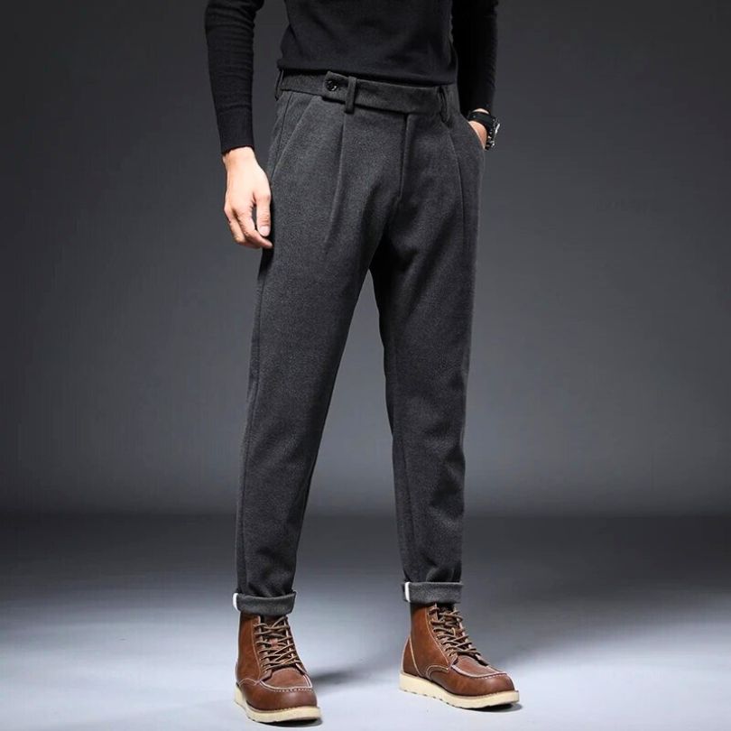 Hudson Tailored Trousers in grey, showcasing soft, structured fabric and stylish fit for a polished look.