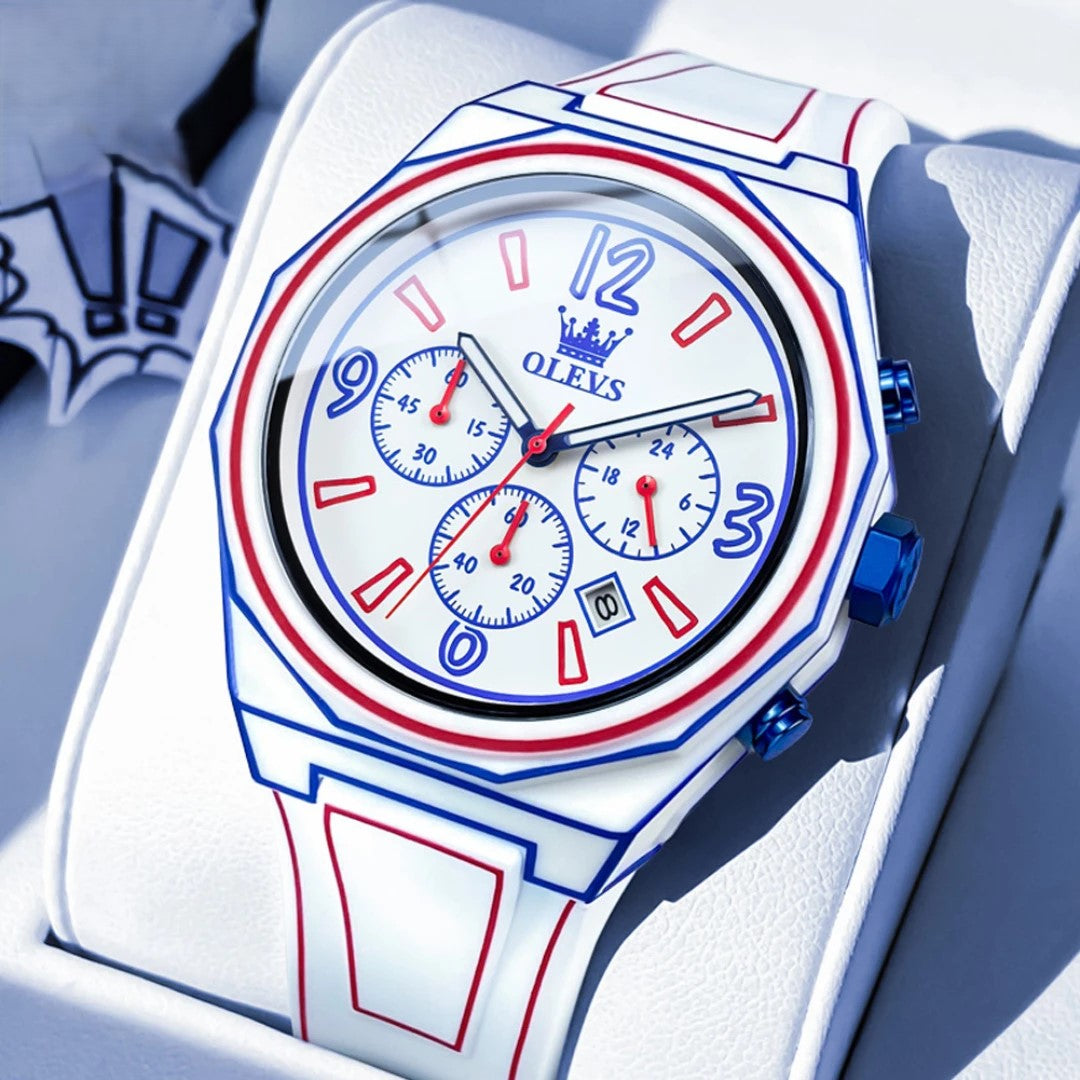Hypervisual watch featuring bold 3D-drawn design and chronograph with blue and red accents on a display cushion.