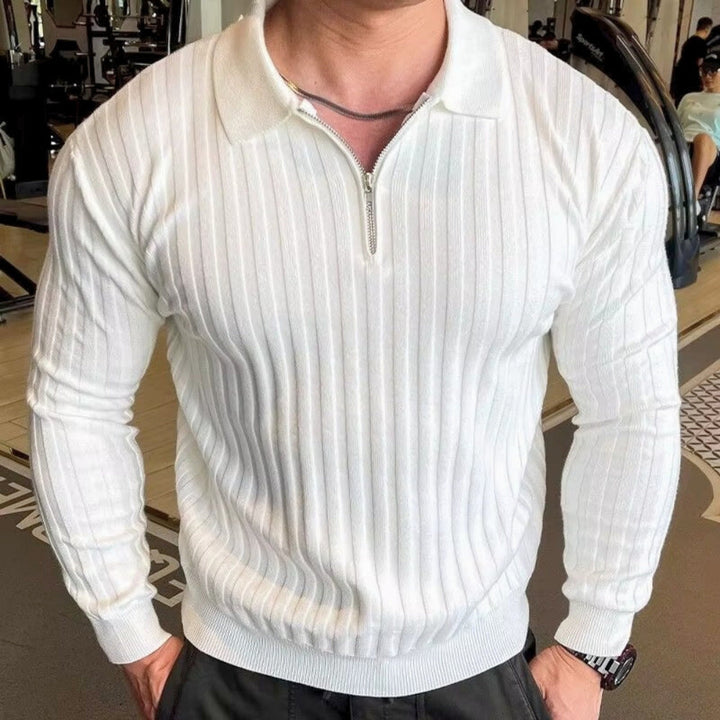 Jay Flex-Fit white ribbed zip polo shirt with structured collar and athletic fit, ideal for casual or active wear.