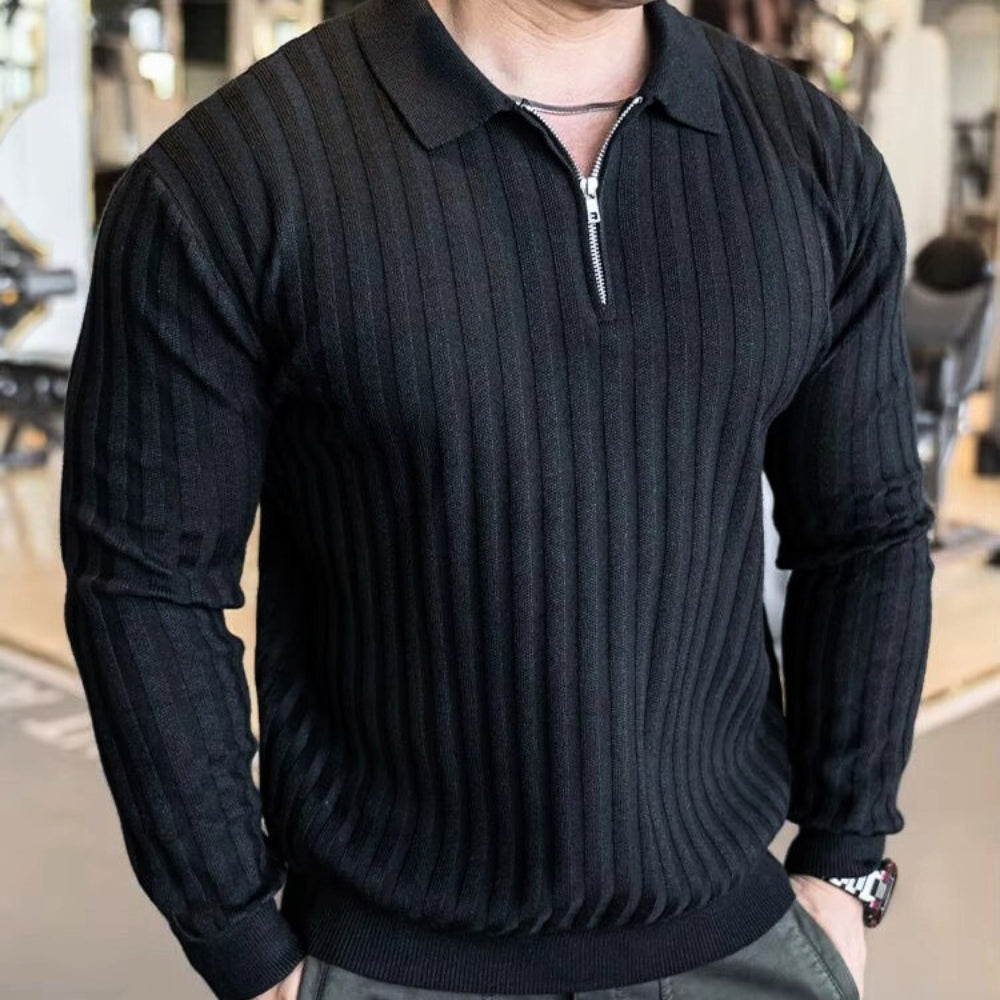 Jay Flex-Fit Shirt in black, ribbed zip polo designed for athletic fit and comfort, perfect for day or night activities.