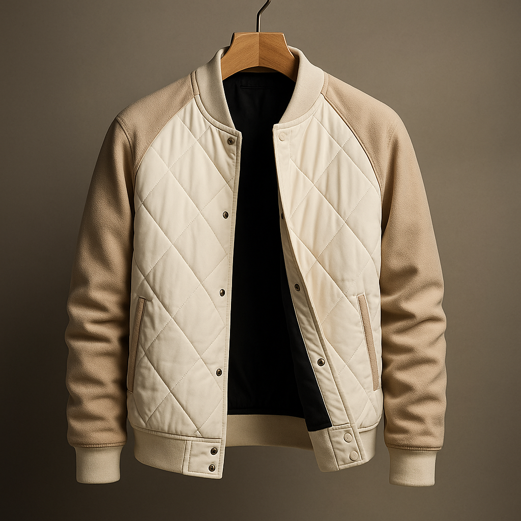 Beige and white quilted jacket on a hanger against a brown background