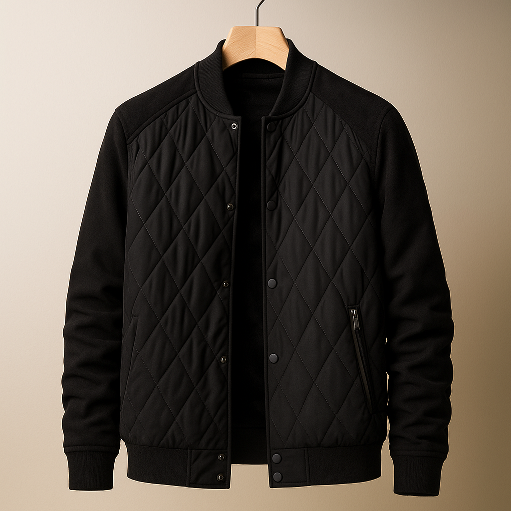 Black quilted jacket on a beige background