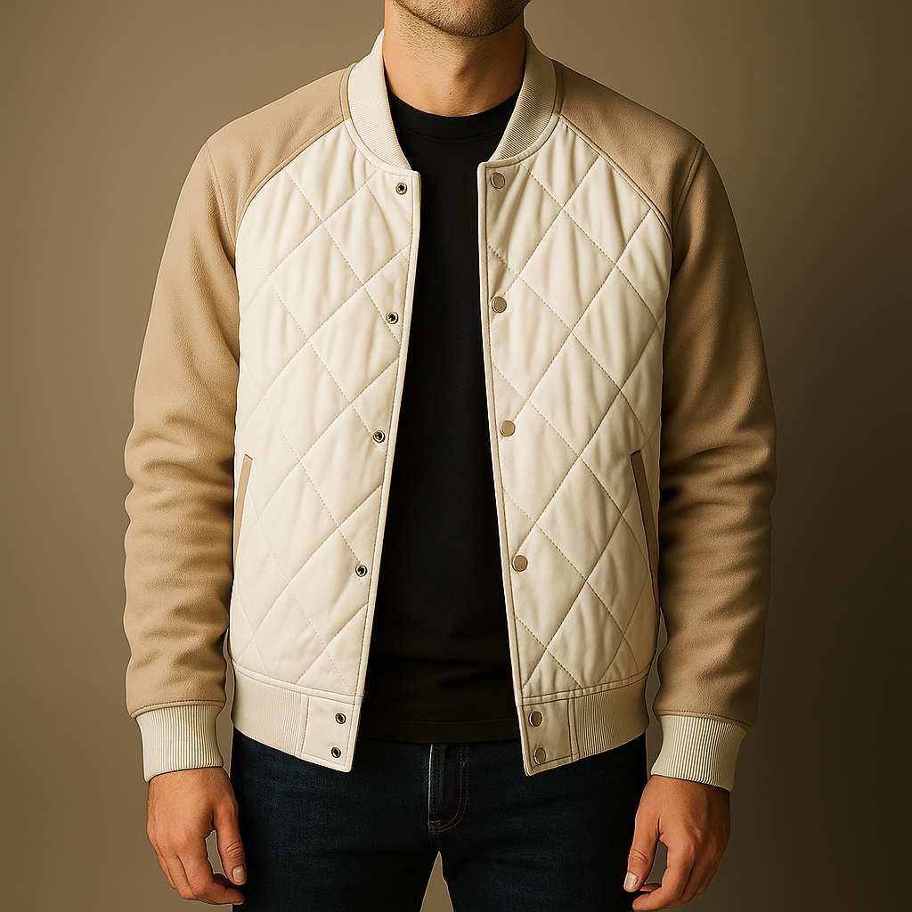 Beige quilted jacket worn by a person on a brown background