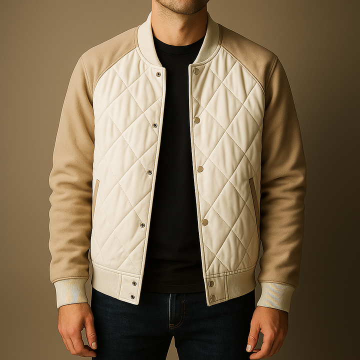 Beige quilted jacket worn by a person on a brown background