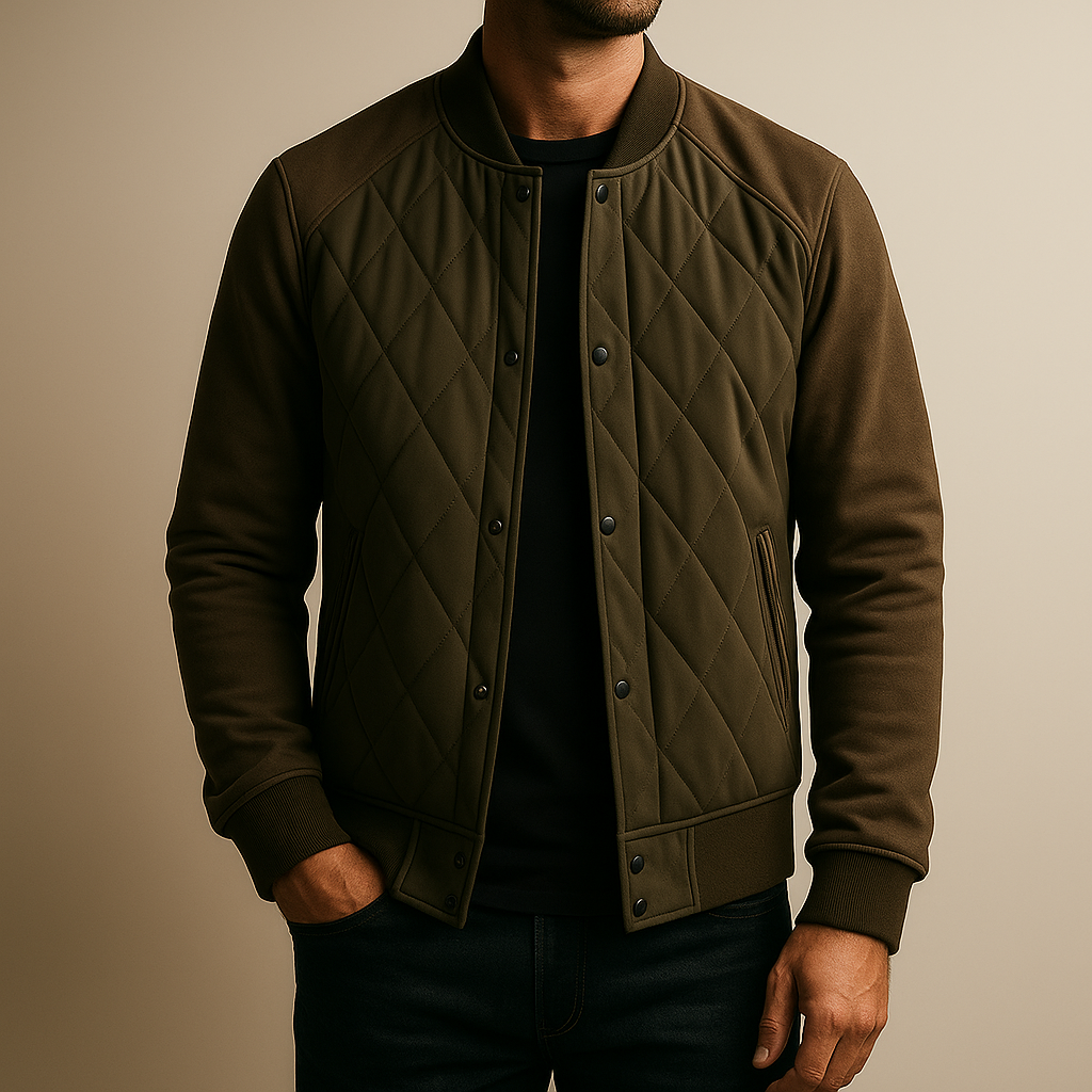 Man wearing a brown quilted jacket against a beige background