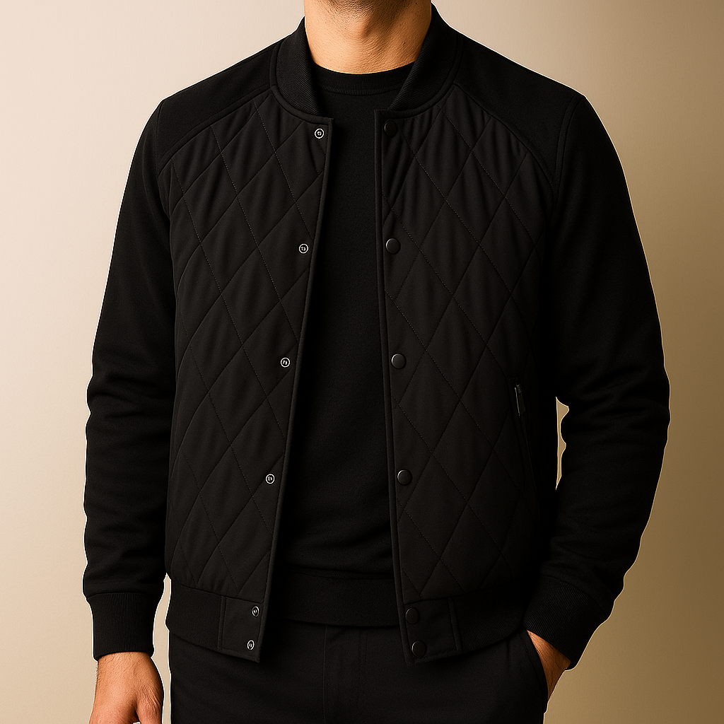 Black quilted jacket worn by a person on a beige background