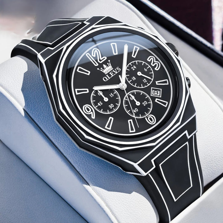 Hypervisual watch featuring a bold 3D design and multi-function chronograph in black and white colors.
