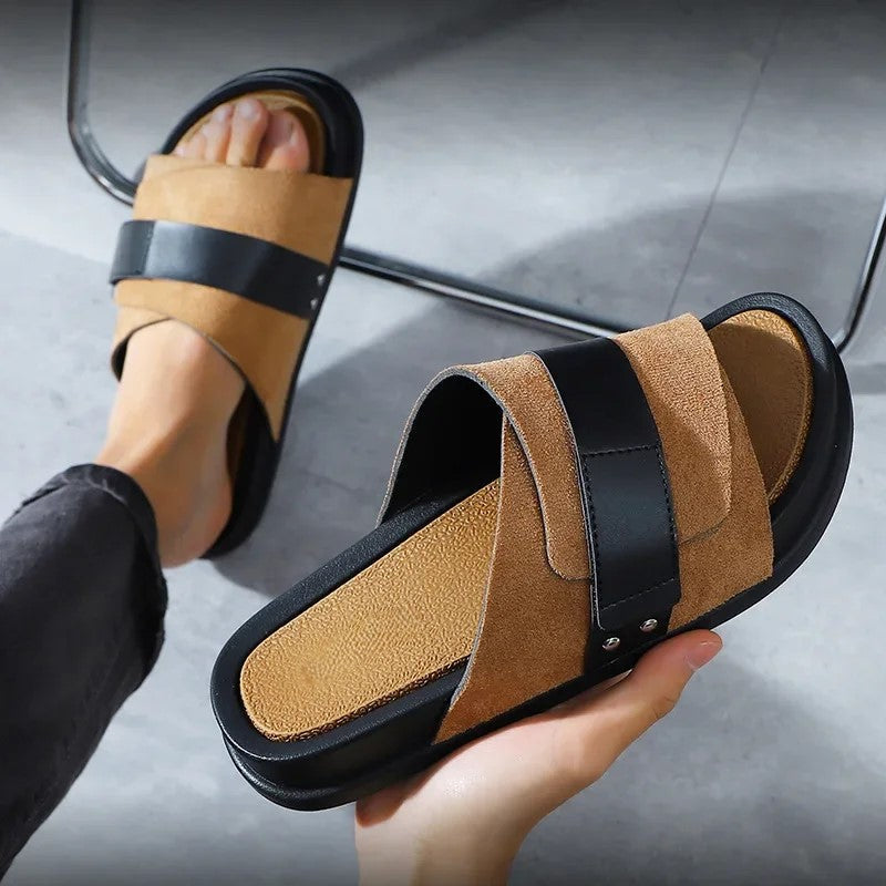 Mojave Men's Suede Slides featuring soft suede upper and durable leather accents for stylish comfort.