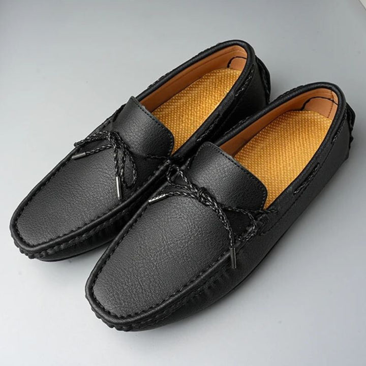 Kingsley Genuine Leather Loafers in black, featuring hand-finished detailing and a supportive, cushioned insole.