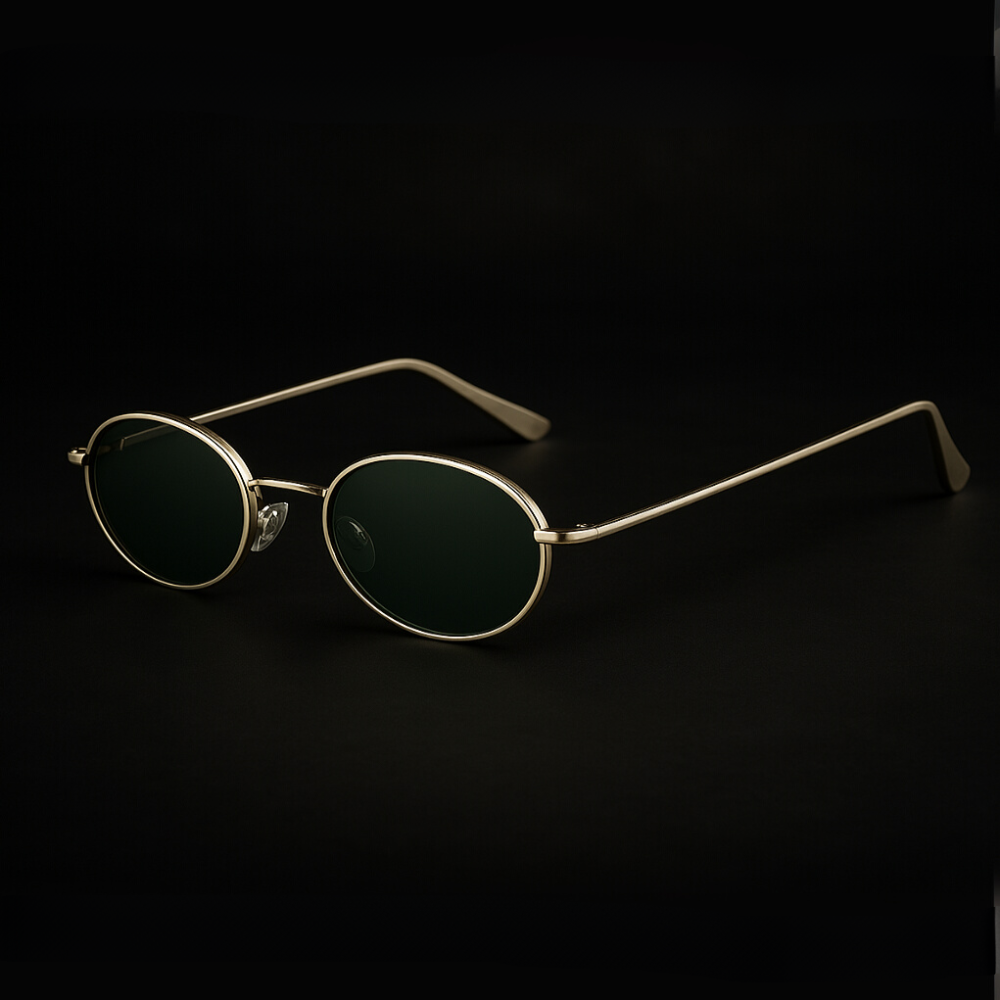 Orin Oval Frame Sunglasses with polished metallic finish and green lenses, offering UV protection and ergonomic fit.
