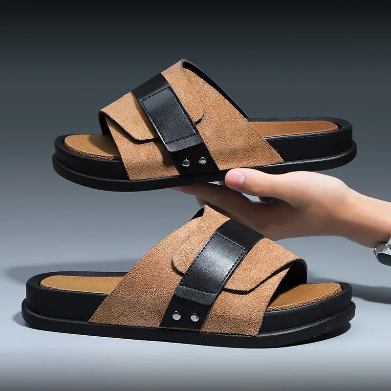 Mojave Men's suede slides featuring durable leather accents and thick, impact-cushioning sole for comfort and support.