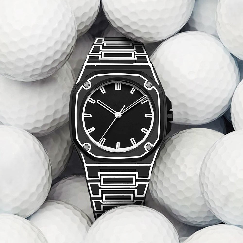 Outline Arc Watch on golf balls, featuring a striking 3D design, durable silicone strap, and 3ATM water resistance.