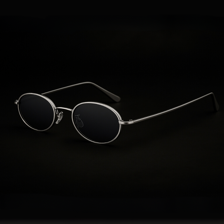 Orin oval frame sunglasses with polished metallic finish and black lenses, offering UV protection and ergonomic comfort.
