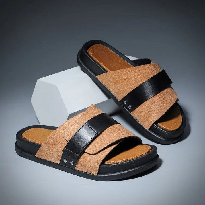 Mojave Men's Suede Slides featuring soft suede upper and durable leather accents on a thick cushioning sole.