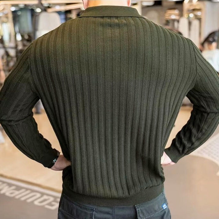 Back view of Jay Flex-Fit Shirt in olive green, showcasing its ribbed texture and tailored fit.