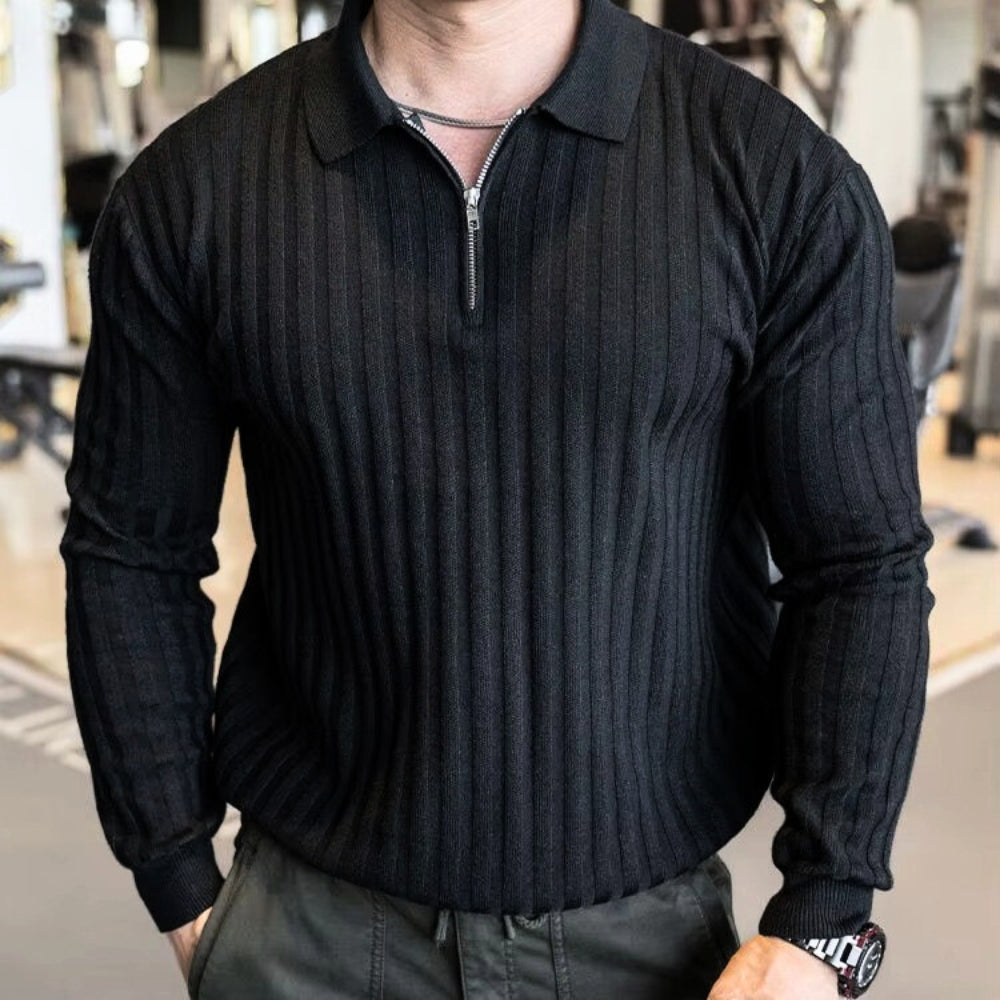Black ribbed zip polo shirt featuring a muscular fit and structured collar for athletic style and comfort.