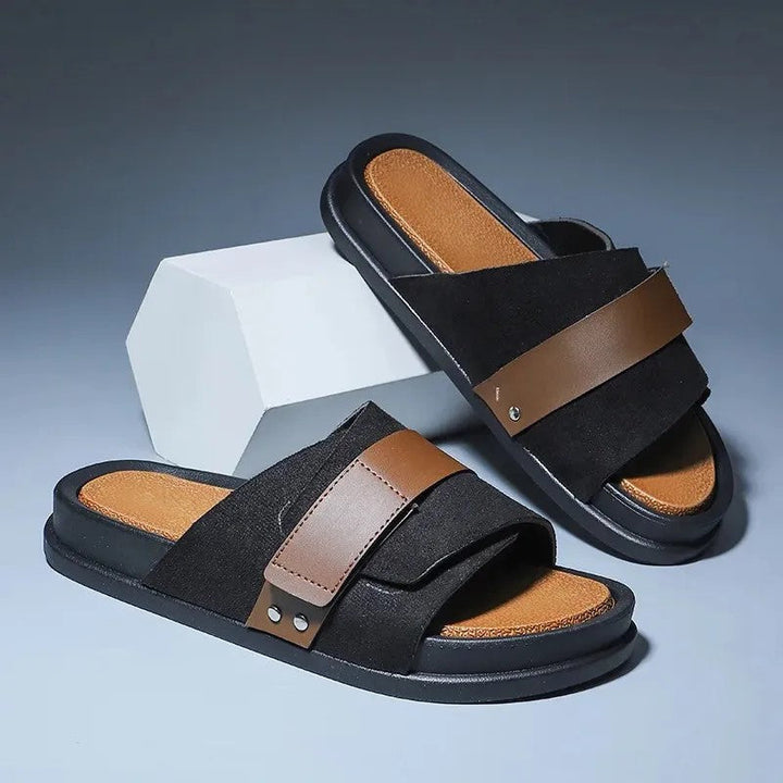 Mojave Men's Suede Slides with durable leather details and thick, impact-absorbing sole for comfort and support.