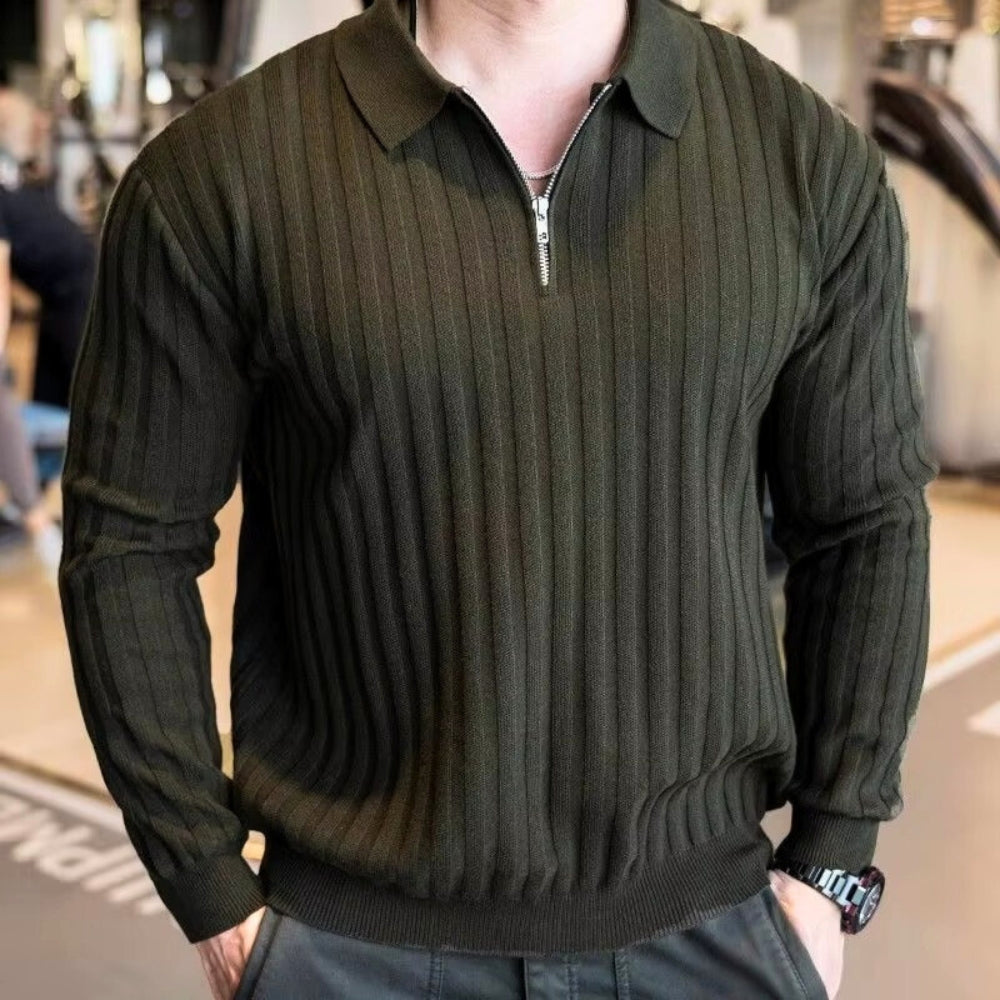 Jay Flex-Fit Shirt in ribbed olive green, featuring quarter-zip and structured collar for a strong, tapered fit.