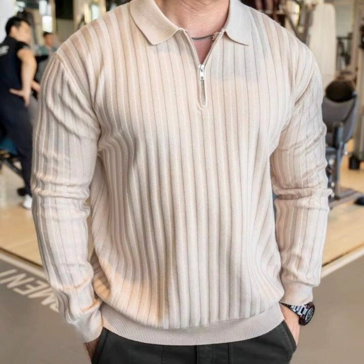 Jay Flex-Fit Shirt in beige ribbed texture with quarter-zip detail, showcasing a strong athletic silhouette.