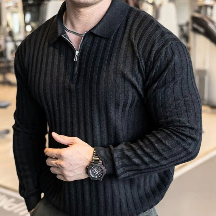 Jay Flex-Fit Shirt in black, featuring ribbed texture and quarter-zip, perfect for an athletic fit.