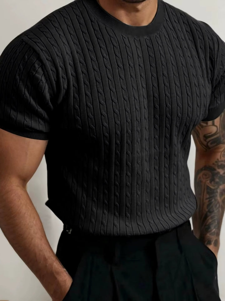 Sedona Fitted T-Shirt in black ribbed fabric, showcasing a contoured fit and structured stretch for comfort.