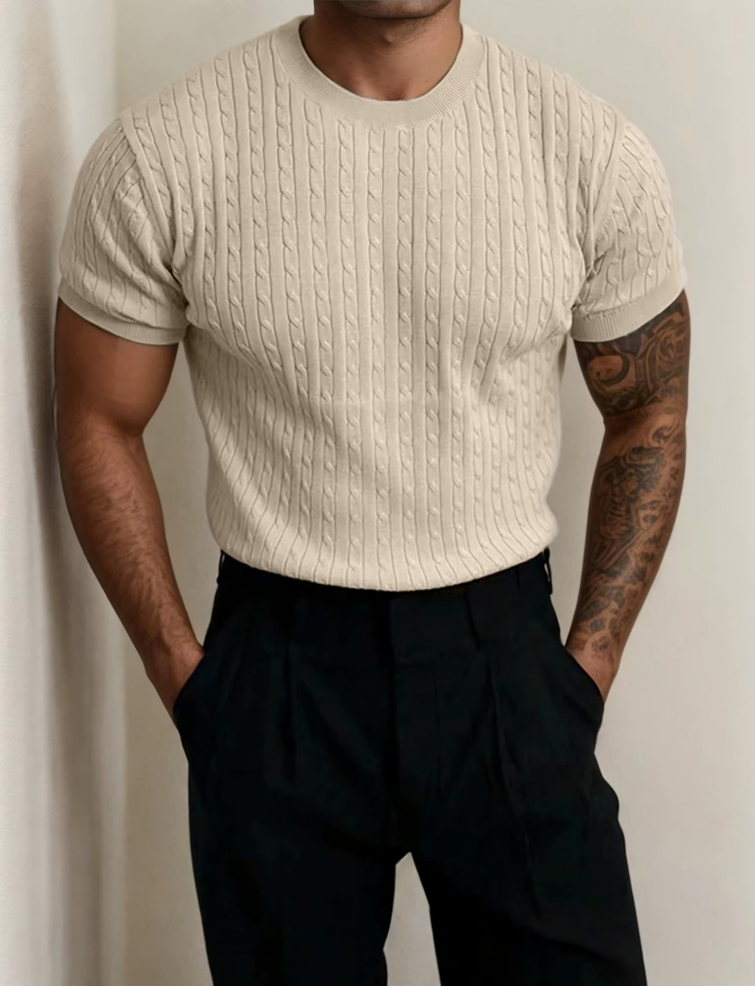 Sedona fitted t-shirt in cream color, showcasing ribbed flex-fit design and contoured form-fitting cut.