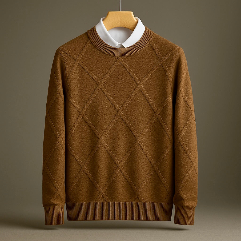 Brown sweater with a diamond pattern on a hanger against a brown background