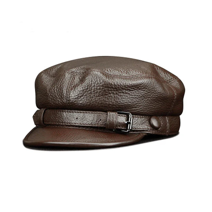 Brown genuine cowhide leather hat with an adjustable strap, combining rugged style and modern design.