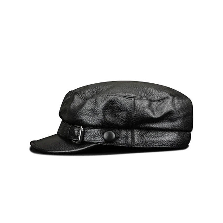 Authentic black genuine cowhide leather hat with adjustable strap for a stylish, rugged look.