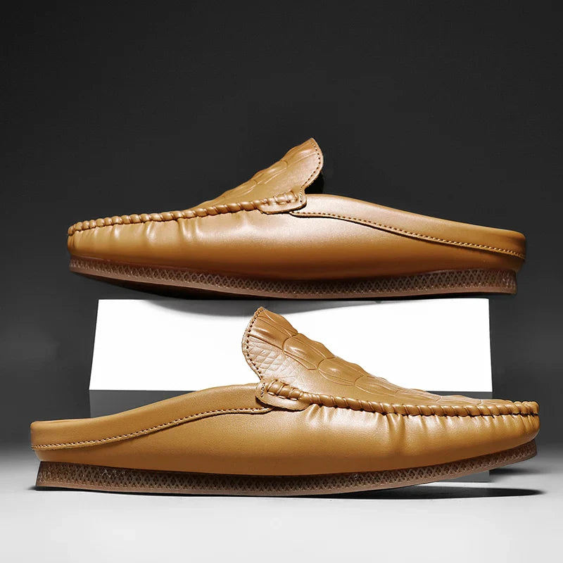 Gianni Backless Slide Loafers with embossed upper and moc toe, perfect for all-day comfort and stylish daily wear.