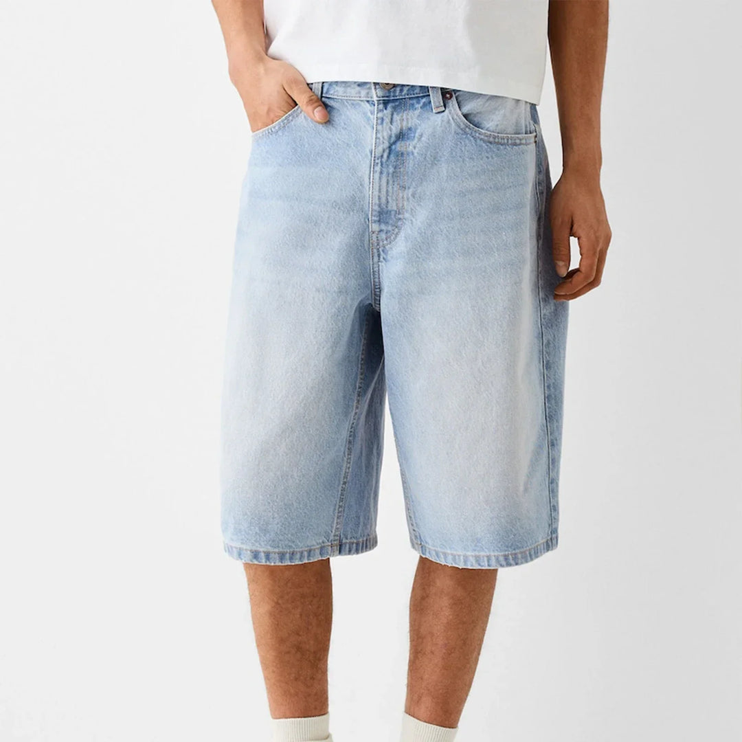 Kai Men's Straight Denim Shorts featuring a structured knee-length fit in soft, washed midweight denim.