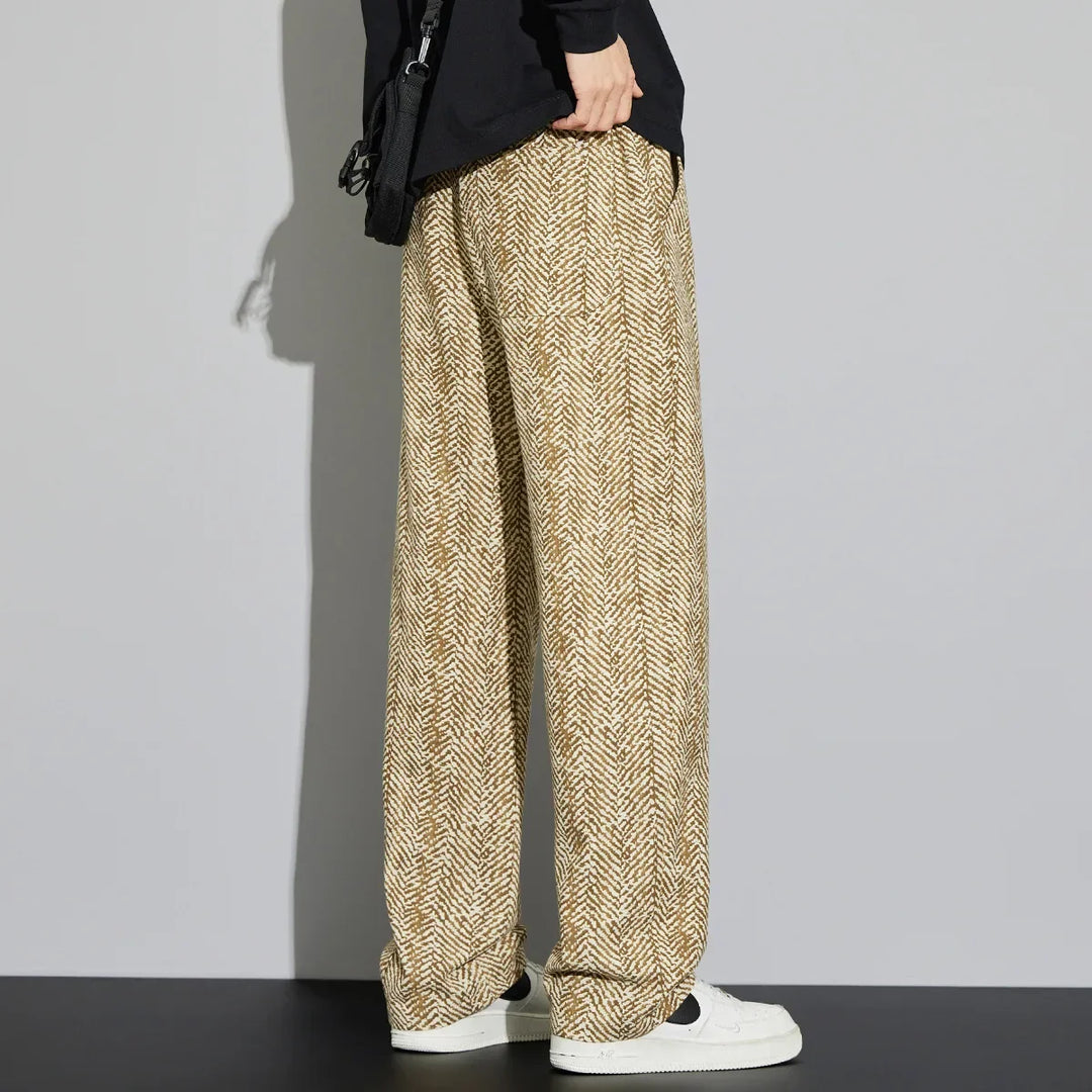 Lennox Cotton Linen Pants featuring woven herringbone texture and relaxed straight-leg design, perfect for all-season wear.