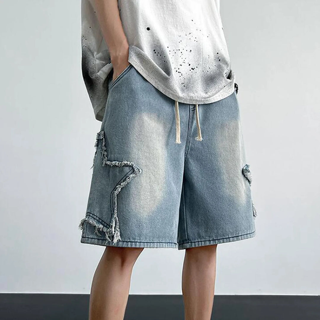Sidestar washed denim shorts with star patches and drawstring, featuring a relaxed fit and vintage wash for street style.