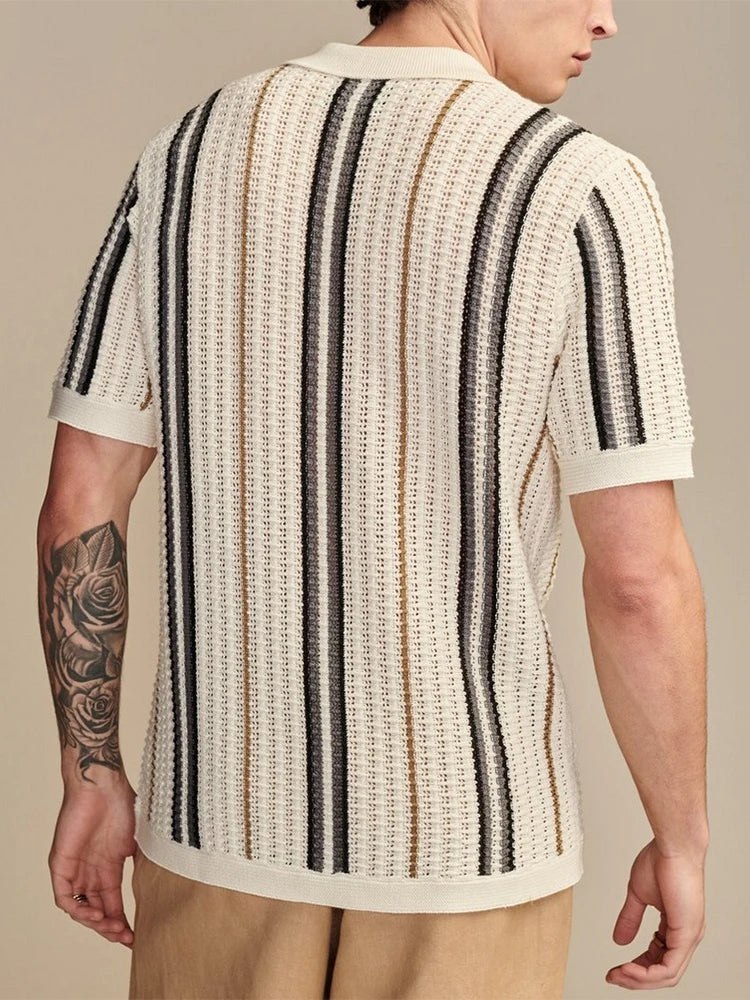 Vera men's knitted shirt featuring bold vertical stripes, breathable knit texture, and a smart collar for style and comfort.