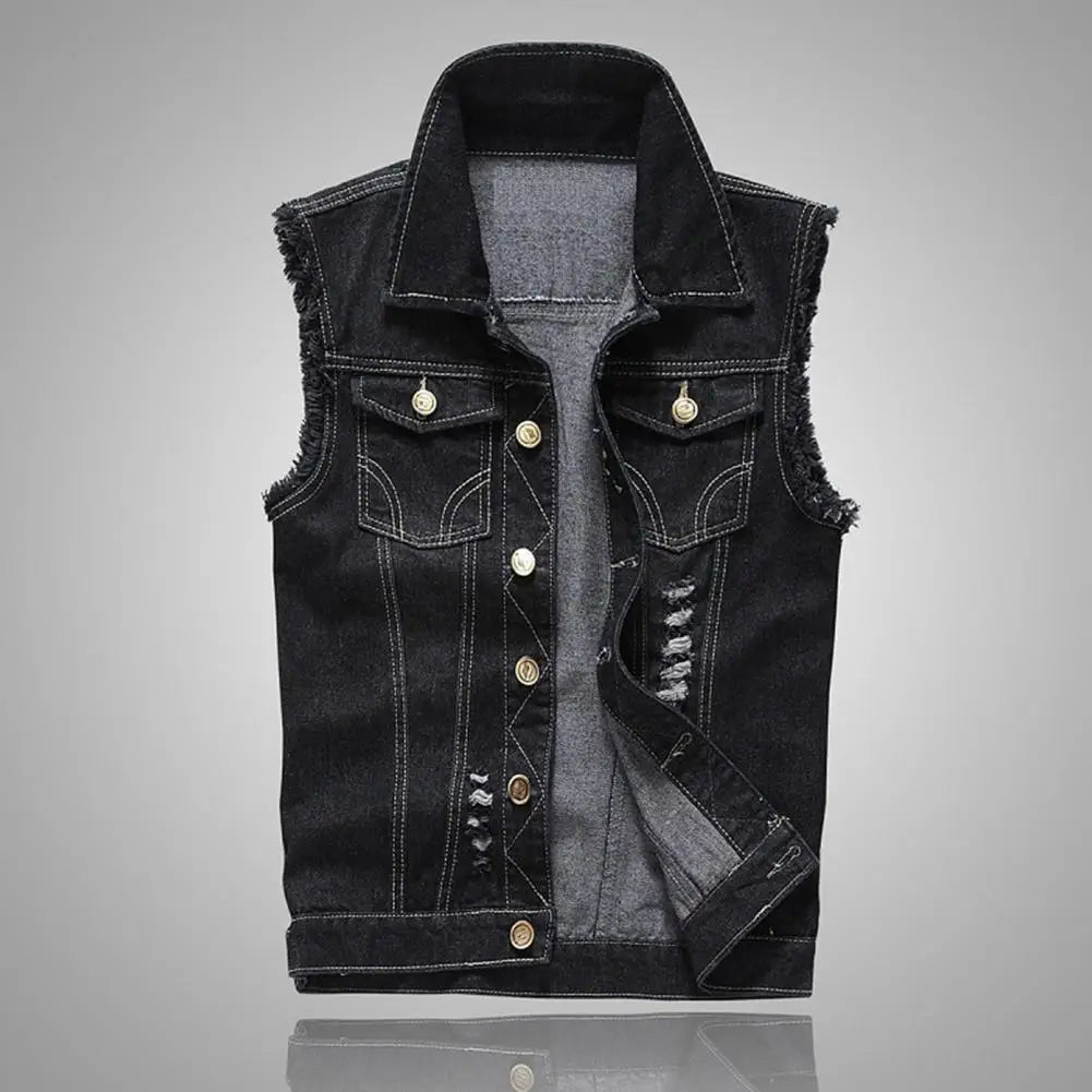 Knox Denim Vest in heavy distressed black denim with raw-edge armholes and classic button-front design.