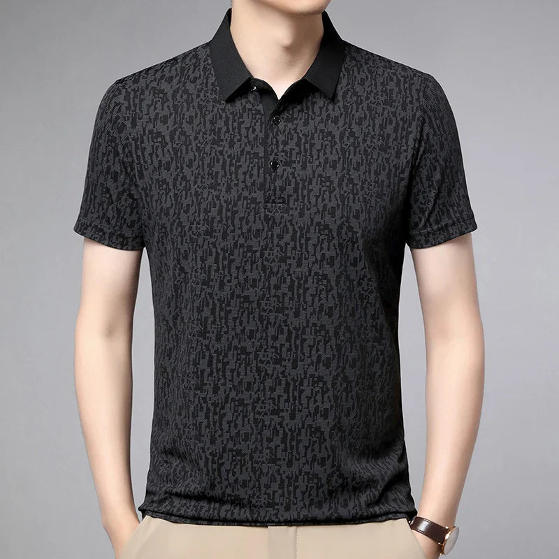 Auren Men's Jacquard Polo Shirt featuring a textured knit, breathable design, and structured ribbed collar for comfort.