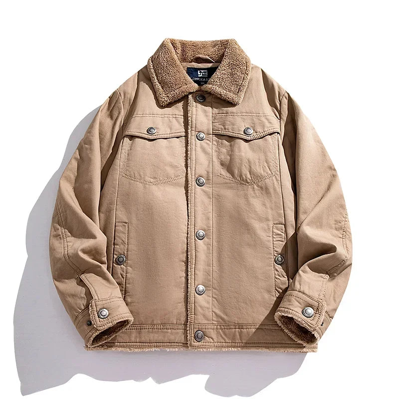Bastion Polar Fleece Jacket in tan, featuring wind-resistant shell, warm lining, and reinforced button-up closure.