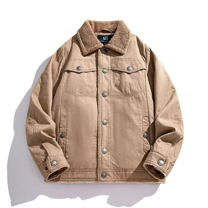 Bastion Polar Fleece Jacket in tan, featuring wind-resistant shell, warm lining, and reinforced button-up closure.