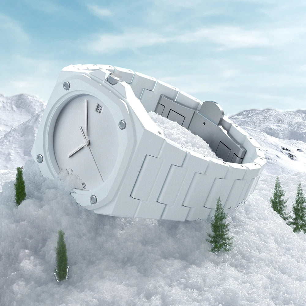 Nova Stealth Watch featuring a minimalist design, set against a snowy landscape with trees, emphasizing durability and style.
