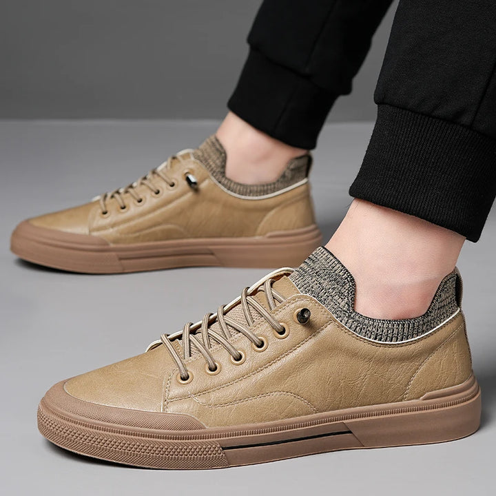 Prime Leather Knit Sneakers in tan with flexible knit collar and durable rubber sole for stylish comfort.