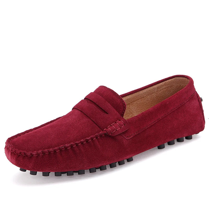 Grazia suede loafers in rich burgundy, featuring hand-stitched detailing and a textured rubber sole for ultimate comfort.