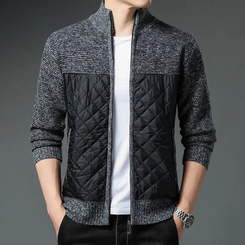 Men's Monarch Quilted Zip-Up cardigan with quilted front and knit sleeves, featuring full-zip closure and ribbed cuffs.