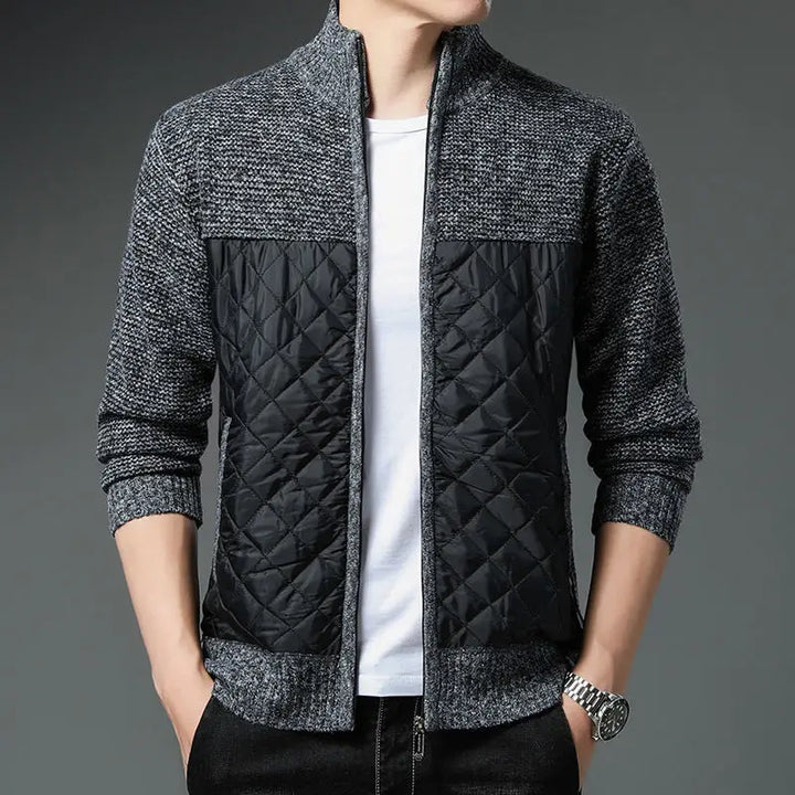 Men's Monarch Quilted Zip-Up cardigan with quilted front and knit sleeves, featuring full-zip closure and ribbed cuffs.
