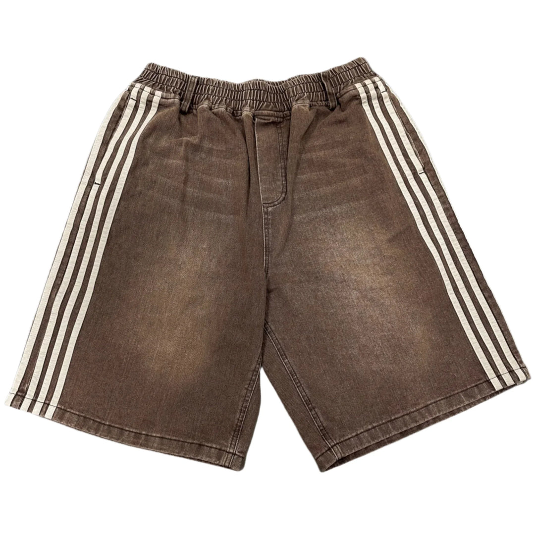 Jax Denim Shorts featuring bold side stripes, an elastic waistband, and a relaxed fit for sporty street style.