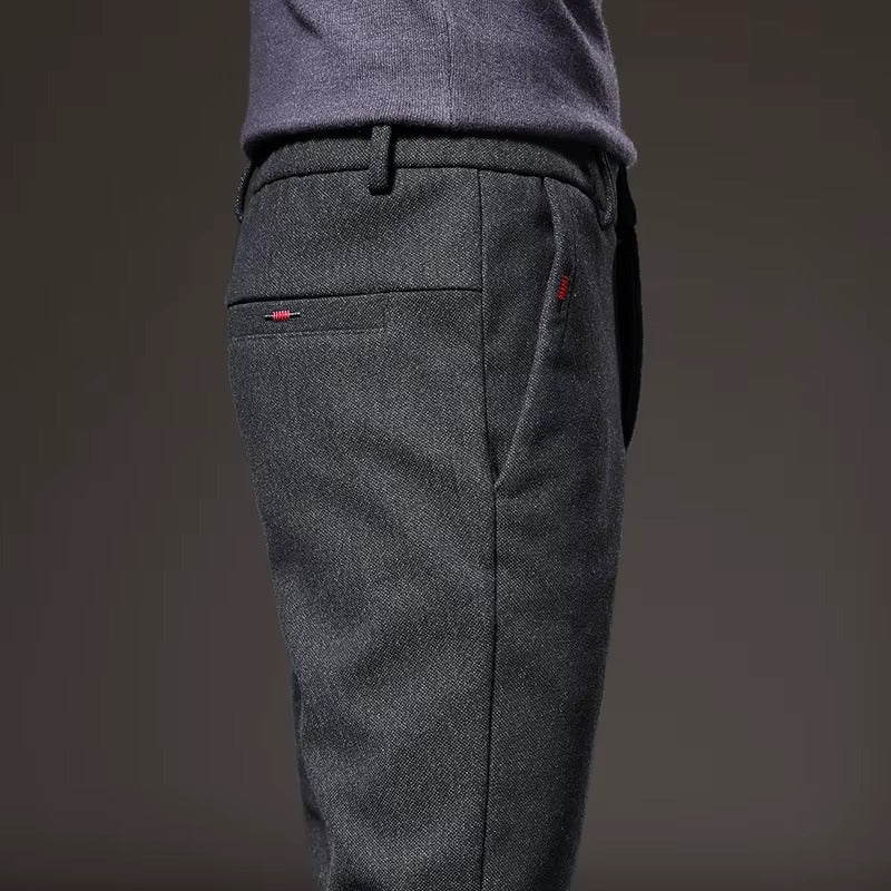 Side view of Henderson Slim-Fit Pants showcasing tailored structure and soft fabric blend.