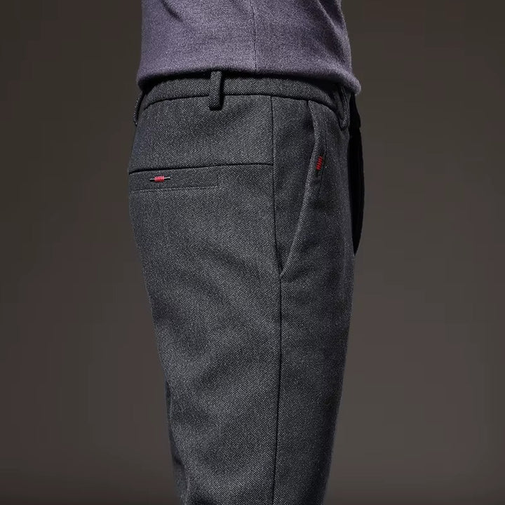 Side view of Henderson Slim-Fit Pants showcasing tailored structure and soft fabric blend.