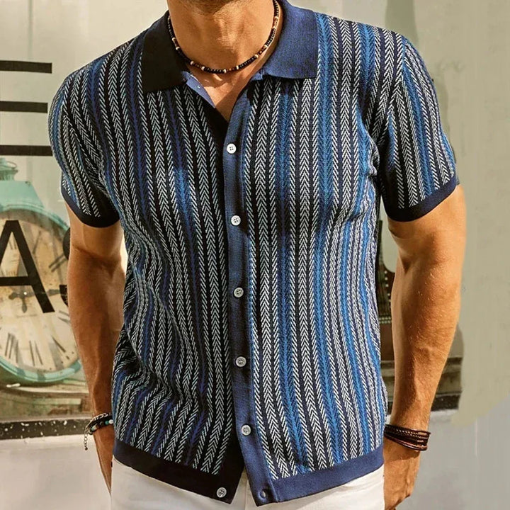 Beaumont men's button-up shirt featuring vintage herringbone stripes, crafted from breathable organic cotton.